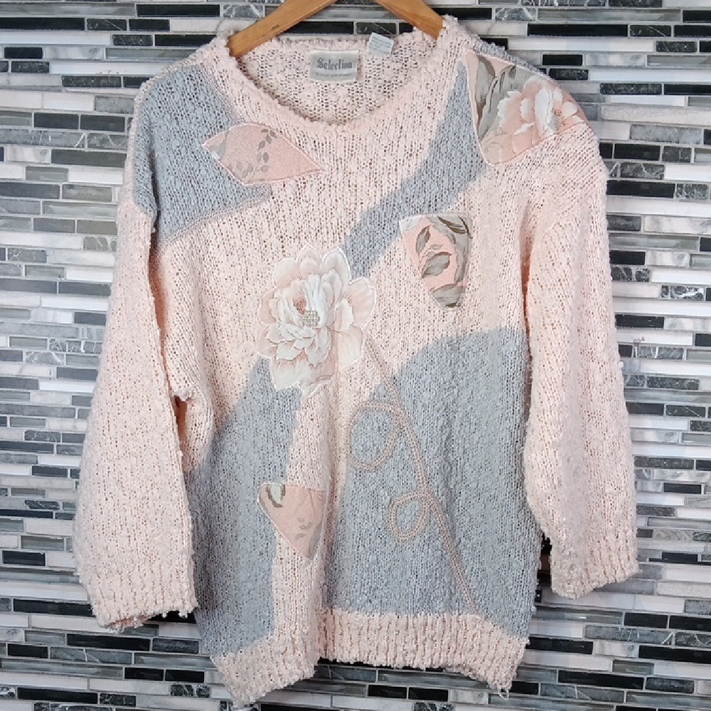 Cottage Pink Gray Women's Sweater L Grannycore 3/4 Sleeve Chunky Knit